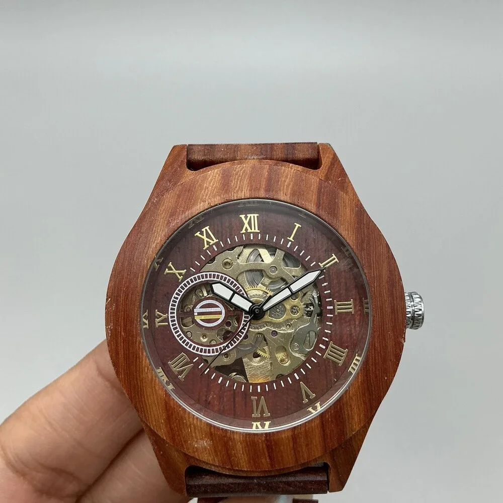 Mens Watch 45mm Brown Skeleton Dial Wood Bracelet Automatic Gold Tone 8.75